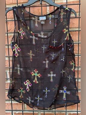 Sheer Black Cross Tank with Multicolor Gems